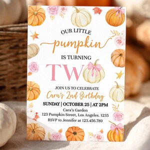EDITABLE Our Little Pumpkin Is Turning Two Invitation, Fall Autumn Floral Birthday Invite, Pink Bow 2nd Birthday Invitation Printable