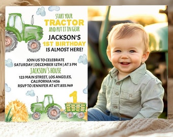 EDITIERBARE Traktor Geburtstagseinladung, grüner Traktor Einladung, Junge Foto 1. Geburtstag einladen, Bauernhofparty, druckbare Vorlage. #T003