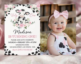 EDITABLE Holy Cow Birthday Invitation, Girl First Birthday Party Invitation, Floral 1st Birthday Invite, Instant Download, Printable. C009