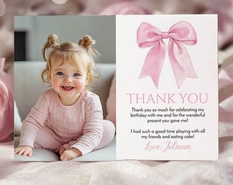 EDITABLE Pink Bow 1st Birthday Thank You Card, Minimal Pink First Birthday Picture Thank You Card, Girl Birthday Party, Printable. P017
