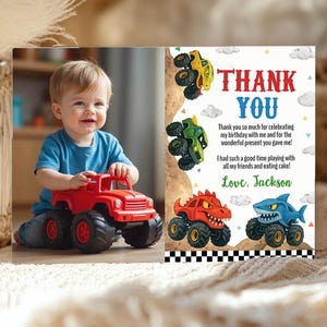 Carte de remerciement modifiable avec photo d'anniversaire Monster Truck, carte de cadeau d'anniversaire Monster Trucks, carte de remerciement d'anniversaire garçon, imprimable. M012