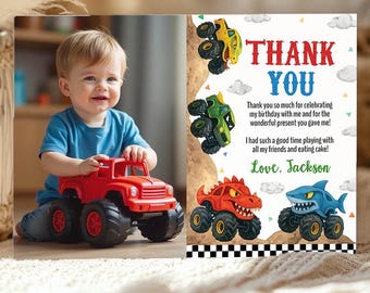 Editable Monster Truck Birthday Photo Thank You Card, Monster Trucks Birthday Party Favor Card, Boy Birthday Thank You Card, Printable. M012