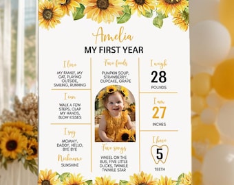 EDITABLE Sunflower 1st Birthday Milestone Sign, Boho Birthday Girl Milestone Poster, Sun Floral Birthday Board, Printable Template. S014