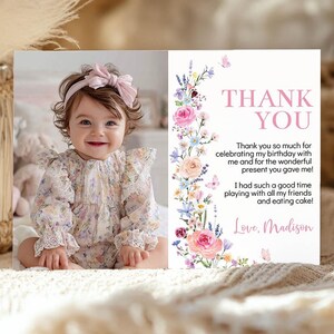 Carte de remerciement photo d'anniversaire fille fleurs sauvages, carte de cadeau d'anniversaire floral Boho, carte de remerciement d'anniversaire fille, téléchargement immédiat. W019