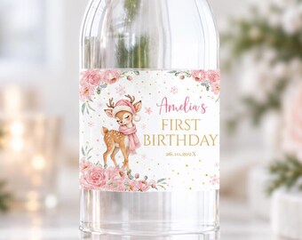 Winter Onederland Water Bottle Label | Deer First Birthday Label | Pink Floral Bottle Wrapper | Editable Party Label | D022