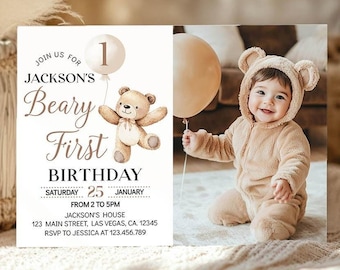 Bear Birthday Invitation, Beary First Birthday Party Invitation, Teddy Bear Invitation, Bear Theme Birthday Invite, Printable Template. B022