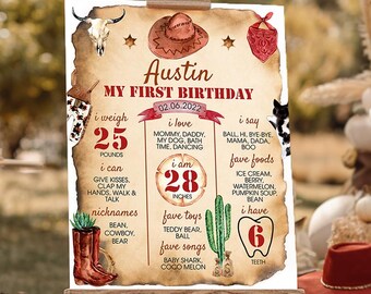 BEARBEITBAR Mein erstes Rodeo Meilenstein Schild, Cowboy 1. Geburtstag Meilenstein Poster, Junge Wilder Westen Erstgeburtstag Tafel, druckbare Vorlage. R007