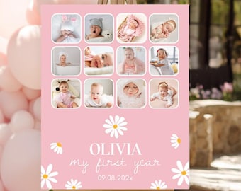 Colagem de fotos editável do primeiro ano, banner de fotos dos 12 meses, marcos do primeiro ano do bebê, pôster de aniversário de um ano da Daisy, modelo para impressão. D003