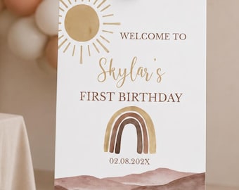 Sunshine First Birthday Welcome Sign | Boho Rainbow 1st Birthday Party Decor | Editable Printable Welcome Poster