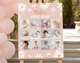 Editable First Year Photo Collage, 12 Month Photo Banner, Baby First Year Frame, Daisy First Birthday Poster, Customizable Template. #D003