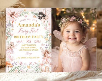 Fairy 1st Birthday Invitation, Enchanted Garden Birthday Invitation, Fairy Boho Birthday Photo Invite, Girl Birthday, Instant Download. F023
