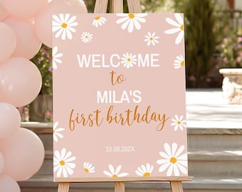 EDITIERBARE Daisy Geburtstagsparty Willkommensschild, Daisy Geburtstagsschild, Boho erste Geburtstagsfeier Schild, Groovy Party, druckbare Vorlage. D003