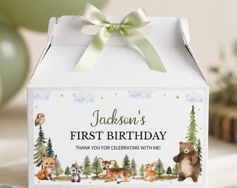 Woodland Favor Box Label | First Birthday Gable Box | Forest Animal Party Favor | Editable Printable Template