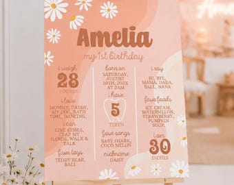 EDITIERBARE Gänseblümchen erster Geburtstag Meilenstein Zeichen, Boho One Year Baby Geburtstag Poster, Retro Gänseblümchen 1. Geburtstag Tafel, druckbare Vorlage. D003