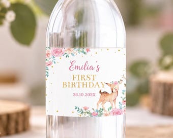Fantastiska etiketter för vattenflaskor, rosa och guldfärgade dekorationer för 1-årsfest, redigerbara omslag för vattenflaskor, utskrivbara material för flickfödelsedagsfest. O010