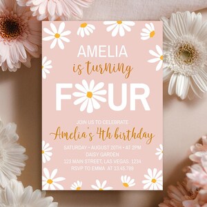 Editable Daisy Birthday Party Invitation, Daisy 4th Birthday Invitation, Boho Floral Garden Invite, Groovy Party, Instant Download. #D003