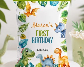 Sachet de chips d'anniversaire dinosaure, étiquette personnalisable pour sachet cadeau garçon, modèle de sachet cadeau jungle à imprimer