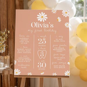 EDITIERBARE Gänseblümchen erster Geburtstag Meilenstein Zeichen, Boho One Year Baby Geburtstag Poster, Retro Gänseblümchen 1. Geburtstag Tafel, druckbare Vorlage. D003