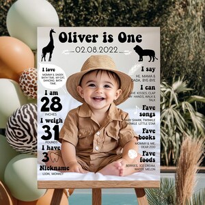 EDITABLE First Birthday Milestone Sign, Safari 1st Birthday Poster, Wild One First Year Baby Photo Milestone Board, Printable Template. MI01