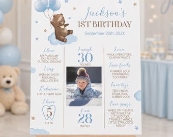 Póster editable de primer cumpleaños de Beary, letrero con foto de osito de peluche, tablero de estadísticas para fiesta de oso marrón bohemio, descarga instantánea. B009