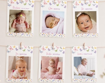 Fotobanner für das erste Lebensjahr, Schmetterlings-Meilensteingirlande, bearbeitbare monatliche Fotokarten, ausdruckbare Wimpelkette für Mädchen.
