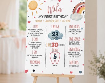 EDITABLE Sunshine Rainbow First Birthday Milestone Sign, Boho Rainbow 1st Birthday Milestone Poster, Sun Chalkboard, Printable Template R003