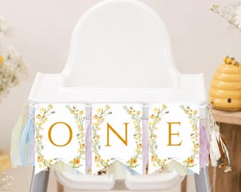 Banner editable de abeja para trona / Banner del primer cumpleaños con temática de abejas / Decoración para trona de primer cumpleaños con temática de abejas / Plantilla imprimible