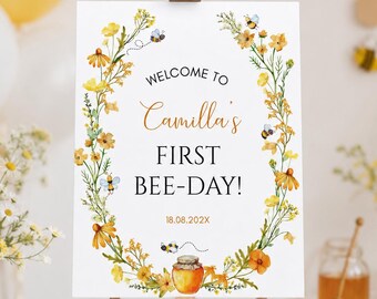 Cartel de bienvenida editable para el primer cumpleaños de la abeja / Póster de bienvenida para el primer cumpleaños de la abeja / Decoración floral para fiestas con temática de abejas / Plantilla imprimible