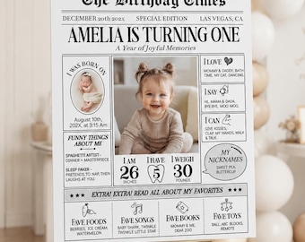 Editable First Birthday Milestone Sign, One Year Of Baby Birthday Newspaper Template, Custom Newspaper Poster, My First Year Photo Board.