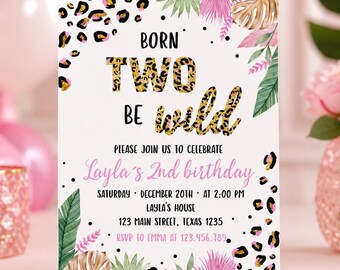 EDITABLE Born Two Be Wild Birthday Invitation, Leopard Print Birthday Invitation, Jungle 2nd Birthday Invitation, Instant Download W010