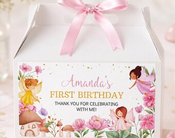 Editable Fairy First Birthday Favor Box Label | Fairy Gable Box Label | Enchanted Garden Party Favor | Printable Gift Box Template