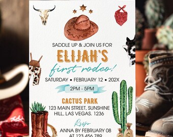 EDITABLE Wild West Birthday Invitation, Cowboy 1st Birthday Invite, First Rodeo Birthday Invitation, Western Party, Printable Template. R007