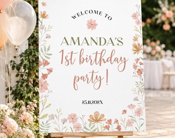 Willkommensschild zum 1. Geburtstag mit Wildblumenmotiv, personalisierbares Geburtstagsposter für Mädchen, druckbare Boho-Willkommenstafel mit Blumenmuster, Boho-Partydeko