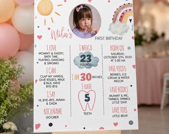 EDITABLE Sunshine Rainbow First Birthday Milestone Sign, Boho 1st Birthday Milestone Poster, Photo Birthday Board, Printable Template. R003
