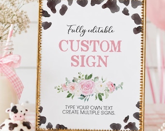 Individuell gestaltbares Schild mit Kuhmuster | Rosa-florales Kuh-Geburtstagsschild | Tischdeko im Landhausstil für Geburtstage | Druckvorlage