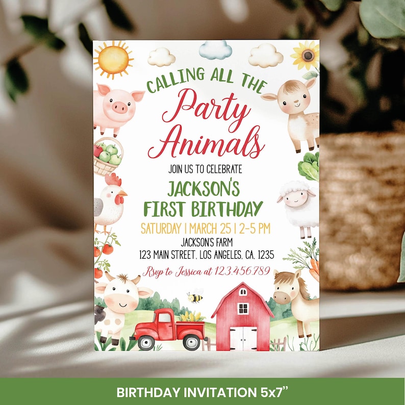Puede incluir: Una tarjeta de invitaci&oacute;n de cumplea&ntilde;os de 13x18 cm con animales de granja en acuarela: cerdo, oveja, vaca, caballo y pollo. El texto dice Calling All The Party Animals, Jackson's First Birthday, s&aacute;bado 1 de marzo, 2-5 PM y detalles.