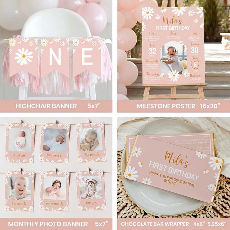 May include: A pink and white daisy-themed first birthday party set including a 5x7 inch highchair banner, a 16x20 inch milestone poster, a monthly photo banner with 5x7 inch cards, and a 4x5.25 inch chocolate bar wrapper with gold text.