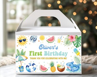 Editable One in the Sun Gable Box Label | First Birthday Pool Party Favor Box Label | Beach Birthday Party Decor | Instant Download | S027