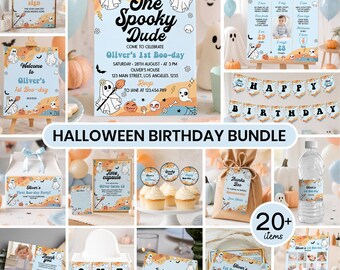 Editable Spooky One Birthday Invitation Bundle, Halloween 1st Birthday Party Decor Kit, Groovy Ghost Birthday Package Instant Download. HA03