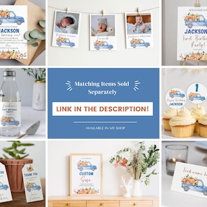 May include: A collection of party stationery featuring a blue truck carrying pumpkins, including invitations, photo banners, welcome signs, water bottle labels, cupcake toppers, thank you tags, custom signs, and food name cards with text.