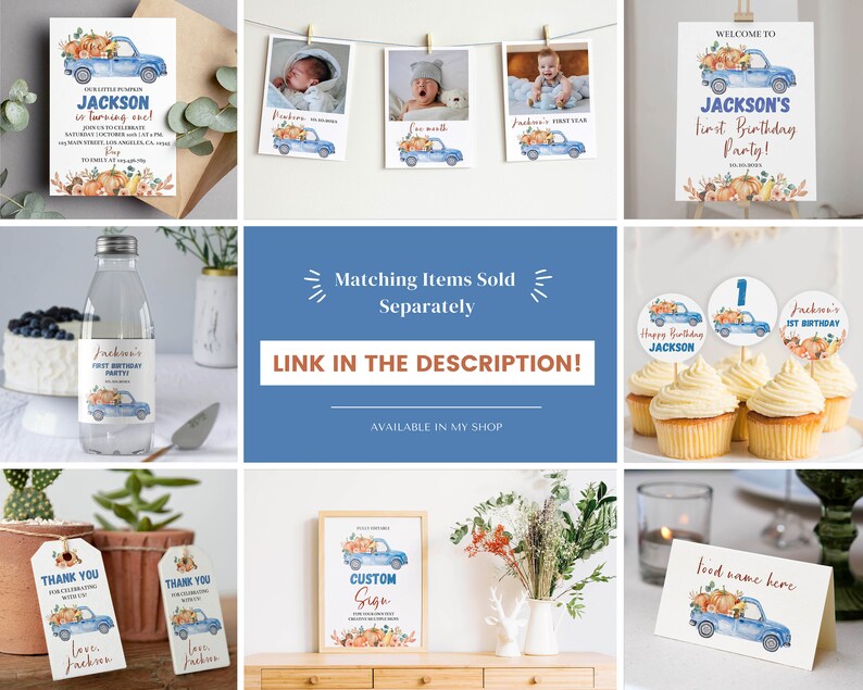 May include: A collection of party stationery featuring a blue truck carrying pumpkins, including invitations, photo banners, welcome signs, water bottle labels, cupcake toppers, thank you tags, custom signs, and food name cards with text.