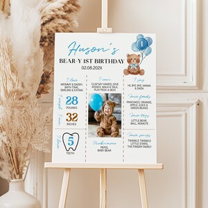 May include: A white birthday milestone sign featuring blue text and graphics, including a brown teddy bear with blue balloons, a photo of a child in a bear costume, and details like 28 pounds, 32 inches, 5 teeth, and favorite foods, songs, and toys.