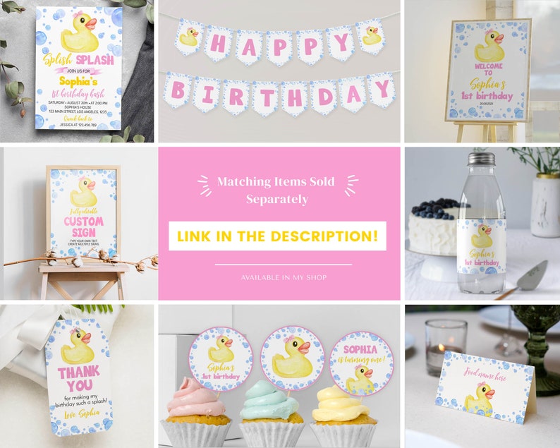 Op de afbeelding: Een set met printbare feestversiering voor een eerste verjaardag met een rubberen eendje thema. De set bevat een welkomstbord, een banner, een aangepast bord, een bedankkaartje, cupcake toppers en een etiket voor een waterfles. De versiering heeft een gele rubberen eendje met blauwe en roze accenten.