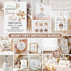 Editable Beary 1st Birthday Invitation Bundle, Modern Bear 1st Birthday Party Kit, Teddy Bear Birthday Decor Package Instant Download. B022
