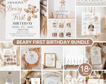 Paquete de invitaciones editables para el primer cumpleaños de Beary, kit moderno para fiesta de primer cumpleaños de Bear, paquete de decoración de cumpleaños de Teddy Bear, descarga instantánea. B022