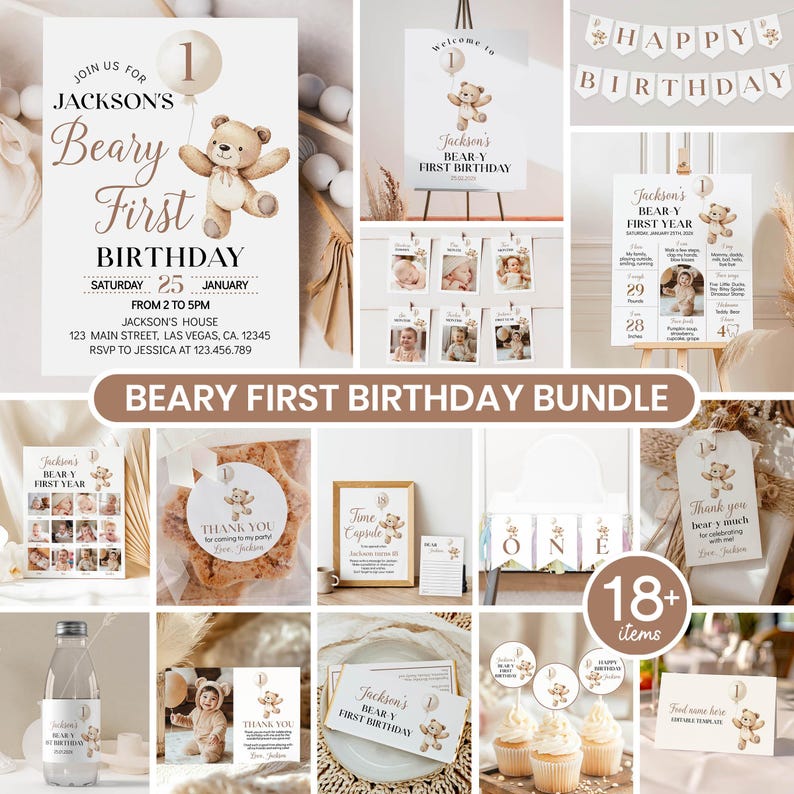 Editable Beary 1st Birthday Invitation Bundle, Modern Bear 1st Birthday Party Kit, Teddy Bear Birthday Decor Package Instant Download. B022