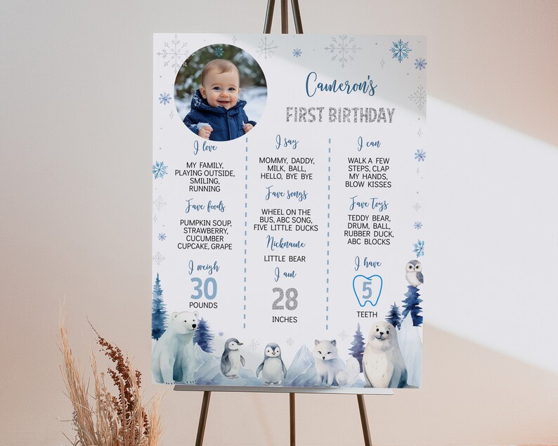 Pu&ograve; includere: Un cartello di compleanno bianco con una foto circolare di un bambino, fiocchi di neve blu e illustrazioni di animali artici come un orso polare, pinguini e una foca. Il testo recita Cameron's First Birthday, I love, I say, I can, I weigh 30 pounds, I am 28 inches e I have 5 teeth.