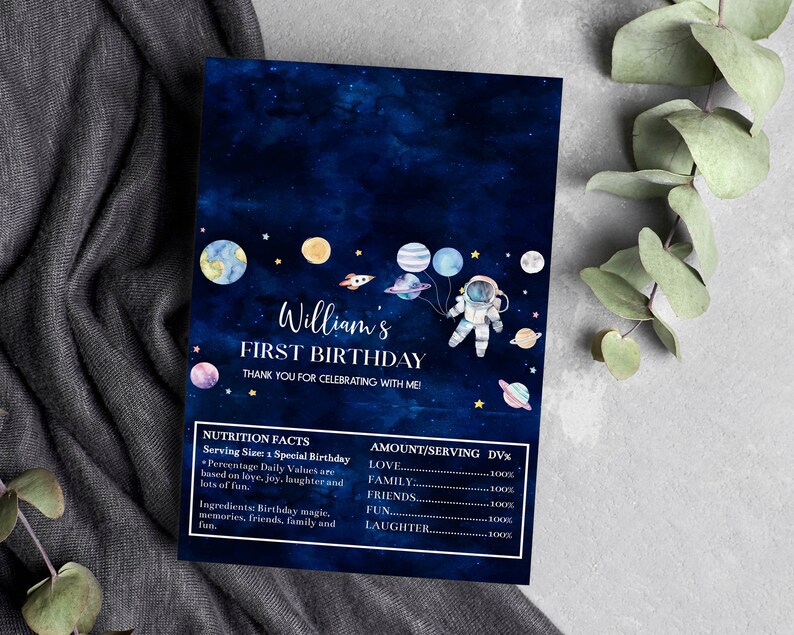 May include: A blue and white first birthday invitation with a watercolor galaxy background. The invitation features a cartoon astronaut holding balloons and the text "William's First Birthday".