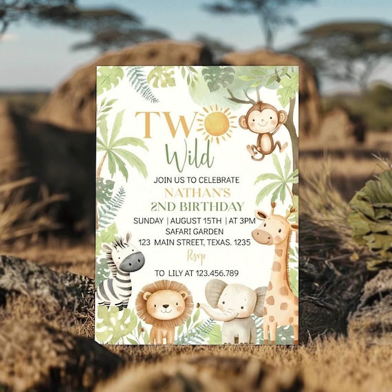 Two Wild Birthday Invitation, Safari 2nd Birthday Invite, Safari Two Wild Birthday Invitation, Editable & Printable. A010