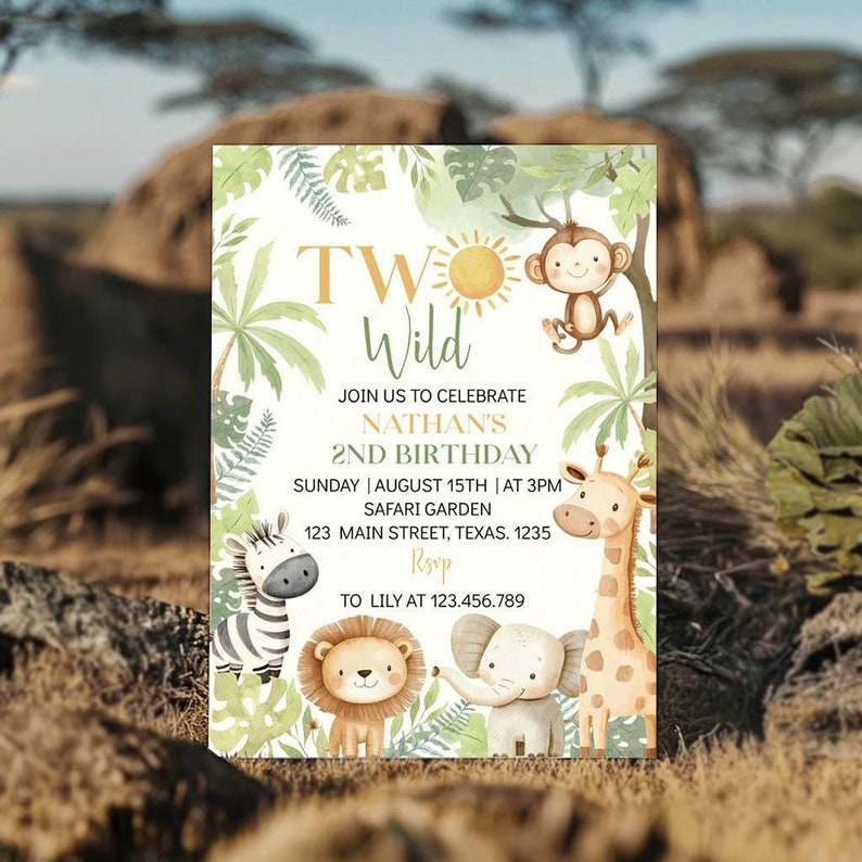 Two Wild Birthday Invitation, Safari 2nd Birthday Invite, Safari Two Wild Birthday Invitation, Editable & Printable